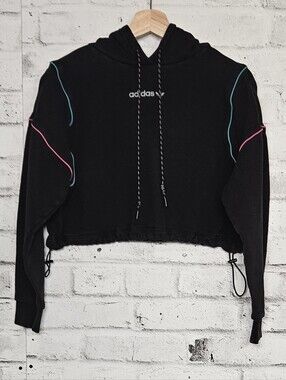Adidas Originals Cropped Hoodie Black Neon Trim Drawstring Size Small